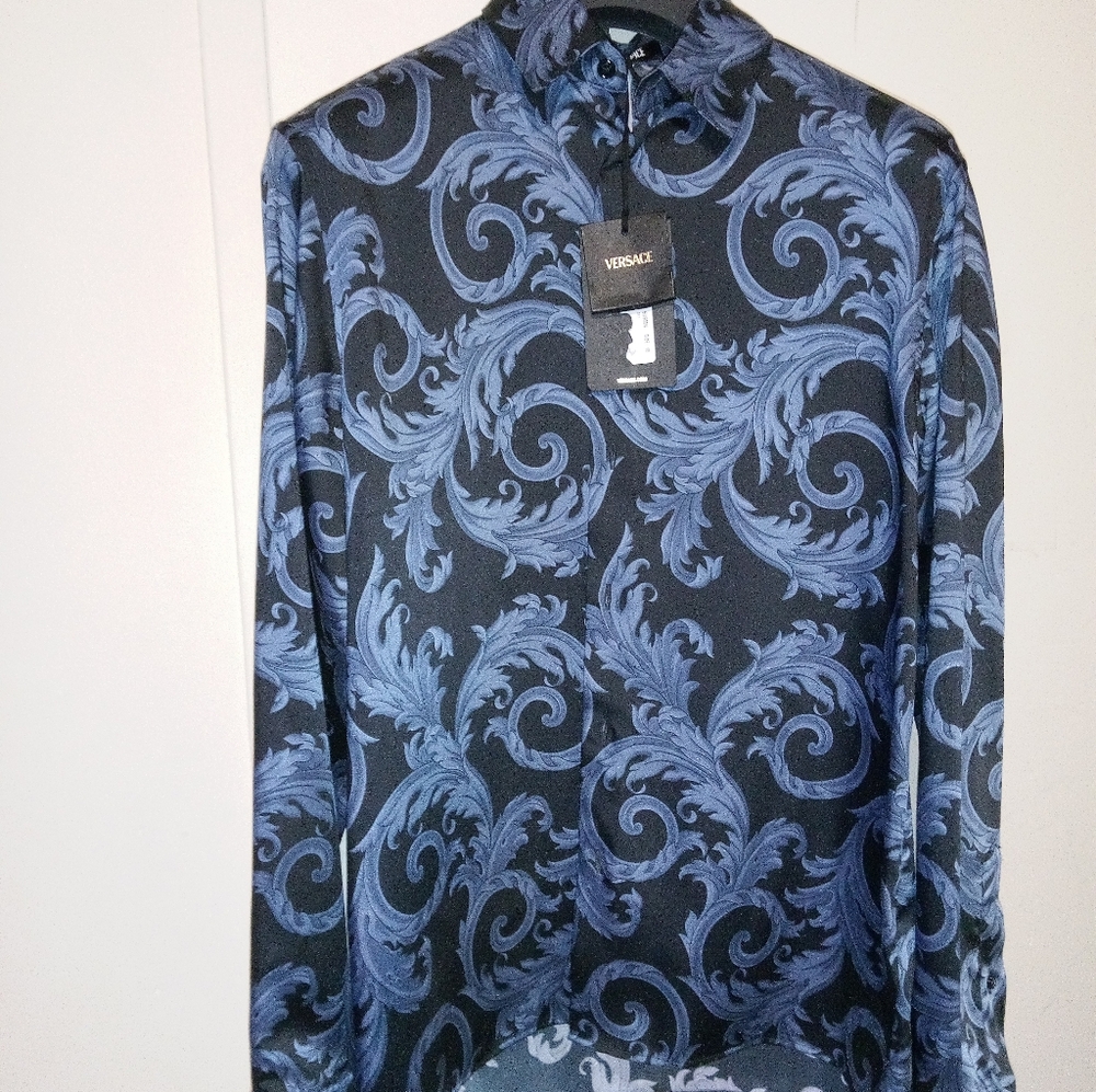 Printed Silk Twill Slim Shirt Black And Blue